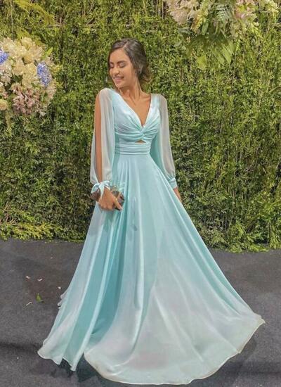 A Line Mint Green Long Sleeves Chiffon Prom Dresses
