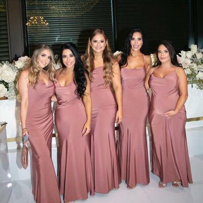 Simple dusty rose silk satin long bridesmaid dresses