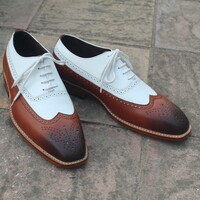 Crafted Leather Elegant and Classic Brown White Leather Wingtip Oxford Dress Shoes - Thumbnail 1