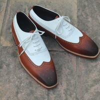 Crafted Leather Elegant and Classic Brown White Leather Wingtip Oxford Dress Shoes - Thumbnail 2