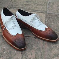 Crafted Leather Elegant and Classic Brown White Leather Wingtip Oxford Dress Shoes - Thumbnail 3