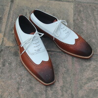 Crafted Leather Elegant and Classic Brown White Leather Wingtip Oxford Dress Shoes - Thumbnail 4