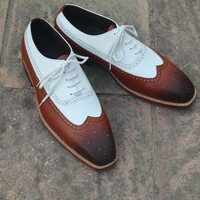 Crafted Leather Elegant and Classic Brown White Leather Wingtip Oxford Dress Shoes - Thumbnail 5