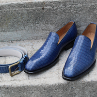 Crafted Leather Elegant and Classic Blue Crocodile Leather Alligator Loafers Dress Shoes with Matching Belt - Thumbnail 2
