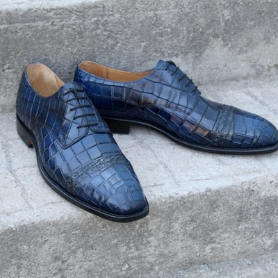 Crafted leather bespoke blue patina leather crocodile texture men shoes