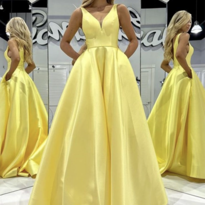 V neck yellow prom dresses with pockets