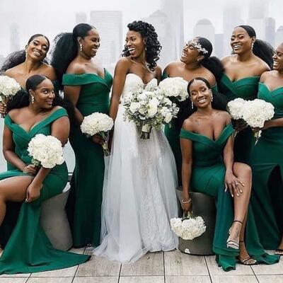 Mermaid off the shoulder satin green bridesmaid dresses