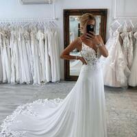 Charming A Line Straps Backless Button Appliques Wedding Dresses  - Thumbnail 2
