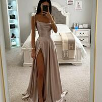 Spaghetti Straps Backless Pleats Ruffle Split Long Party Dresses - Thumbnail 1