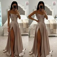 Spaghetti Straps Backless Pleats Ruffle Split Long Party Dresses - Thumbnail 2