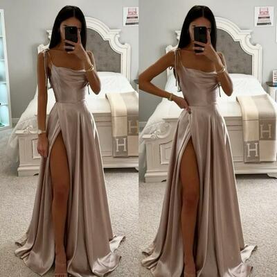 Spaghetti Straps Backless Pleats Ruffle Split Long Party Dresses