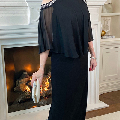 Black chiffon mother of the bride/groom dresses evening gowns knee length wedding guest dress