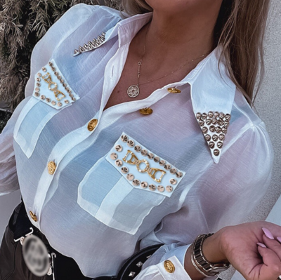 Women'S Splicing Long Sleeved White Shirt