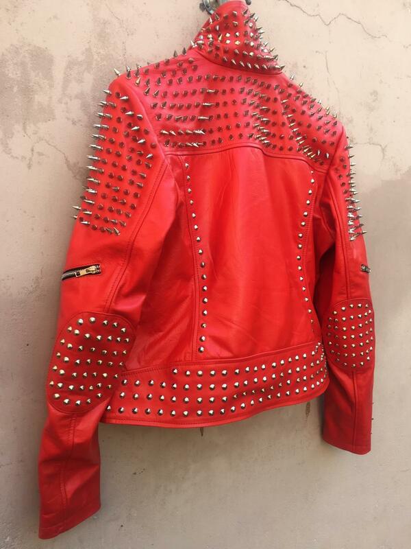 Men Classy Red Gothic Emo Style Leather Studded Jacket with Silver Studs and Spikes