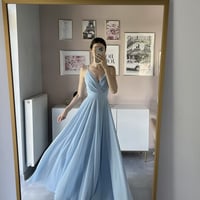 Blue V-Neck Chiffon Strapless Floor Length Prom Dress - Thumbnail 1