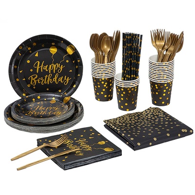 201pcs black gold birthday party supplies for 25 guests happy birthday disposable dinnerware set paper plates 9oz cups straws napkins forks knives spo