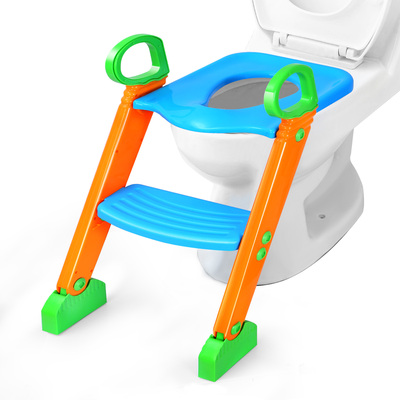 Potty training toilet seat w/ steps stool ladder for children baby foldable splash guard toilet trainer chair anti-slip feet pedal handle 132lbs max l