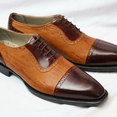 Crafted leather classic brown patina and dark brown leather lace up oxford dress shoes - Thumbnail 3
