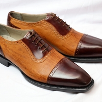 Crafted Leather Classic Brown Patina and Dark Brown Leather Lace up Oxford Dress Shoes - Thumbnail 1