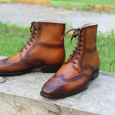 Crafted leather handmade men's classic brown leather lace up military ankle high boot - Thumbnail 5