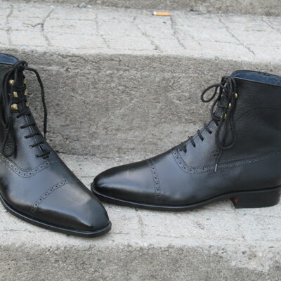 Crafted leather men's handmade black leather ankle high stylish boot, men's genuine leather dress lace up formal wear boot - Thumbnail 5