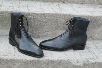 Crafted Leather Men's Handmade Black Leather Ankle High Stylish Boot, Men's Genuine Leather Dress Lace Up Formal Wear Boot