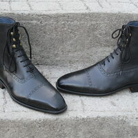 Crafted Leather Men's Handmade Black Leather Ankle High Stylish Boot, Men's Genuine Leather Dress Lace Up Formal Wear Boot - Thumbnail 1