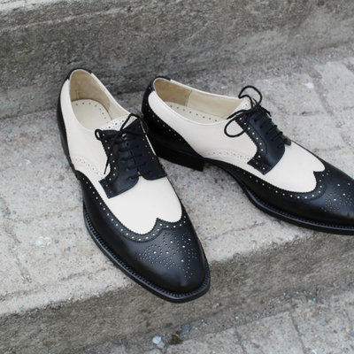 Crafted leather black beige leather oxford wingtip shoes, men lace up dress formal shoes - Thumbnail 5