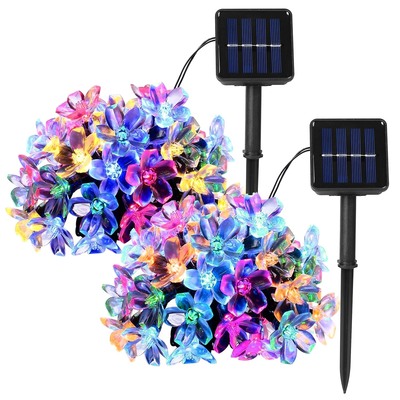 2pcs solar powered string lights 50led beads fairy sakura flower blossom lights ip65 waterproof colorful decorative party christmas tree lamps w/ 8 li