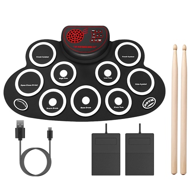 10 pads electric drum set foldable 10-drum silicon?drum kit foldable electronic drum pad machine with drum sticks headphone jack speaker battery dual-