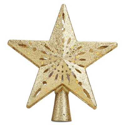 Christmas tree topper star with projector light white revolving white snowflake pattern led treetop hollow golden glitter star for christmas tree deco