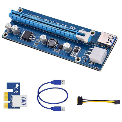 5sets pci-e pci express risers gpu mining powered 1x to 16x riser adapter card w/ 23.62in usb 3.0 cable molex to sata power cable 4 solid capacitors v