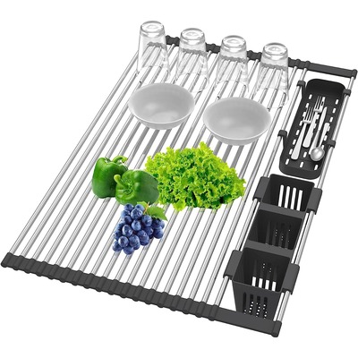 Extra large stretchable roll up dish drying rack with 2 removable utensil baskets foldable over sink stainless steel dish drying rack 12.59in to 23.22