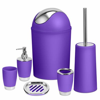 Bathroom accessories set 6 pc bathroom set ensemble complete soap dispenser toothbrush holder tumbler soap dish toilet cleaning brush trash can-purple