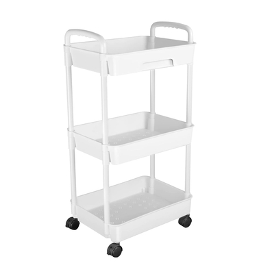 3 tier rolling utility cart movable storage organizer with drawer lockable wheel 360 degree rotatable hallow design for bedroom bathroom kitchen-white