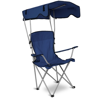 Foldable beach canopy chair sun protection camping lawn canopy chair 330lbs load folding seat w/ cup holder for beach poolside travel picnic-navy blue