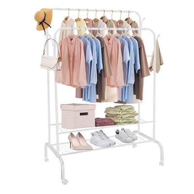 Garment hanging rack clothing hanging rail pillow shoe display organizer clothes organizer stand with 2 rails 2 shelves 4 rolling wheels 4 hooks-white
