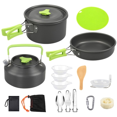 16pcs camping cooking ware set camping stove cookware kit aluminum pot pan kettle set with bowls knife fork spoon carabiner spatula cutting board for