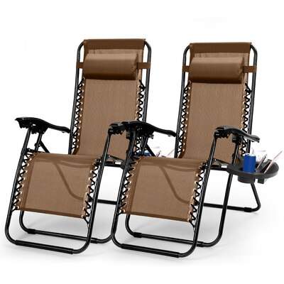 2packs zero gravity lounge chair w/ dual side tray 330lbs load foldable recliner chair w/ stress relief pillow patio poolside beach lying chair-brown