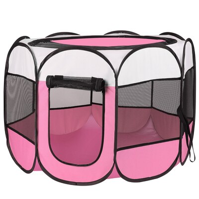 Portable foldable pet tent exercise pen kennel removable zipper top and bottom water resistant indoor outdoor use for dogs cats other pets-pink-large