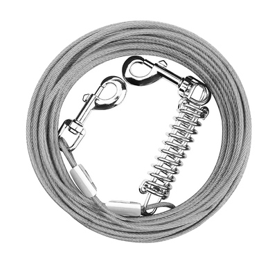 49.2ft dog tie out cable long dog leash chew proof lead dog chain with durable spring 360? rotatable clips pvc case for outside yard caming-gray-15m