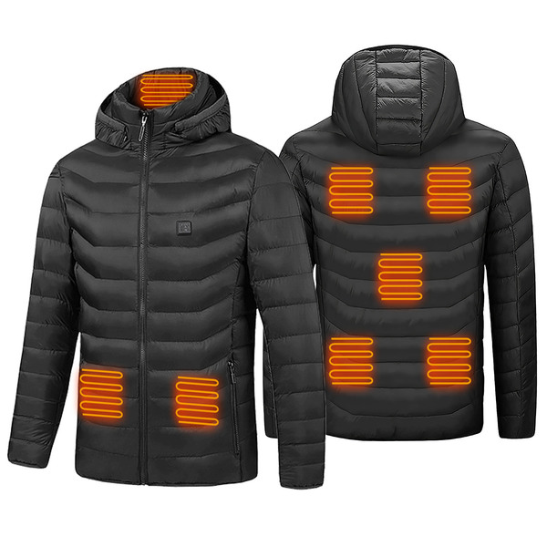 Heated Jacket Electric Heating Coat Lightweight Winter Hooded Jacket??with 3-Level Heating Modes 8 Heating Zones Detachable Zipper Hood-Black-Medium