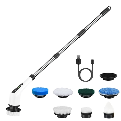Electric spin scrubber cordless rechargeable telescopic cleaning brush 8 replaceable heads 2 speed adjustable extension arm bathroom tub tile floor