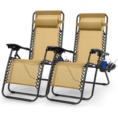 2packs zero gravity lounge chair w/ dual side tray 330lbs load foldable recliner chair w/ stress relief pillow patio poolside beach lying chair-tan