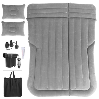 Inflatable suv air mattress thickened camping bed cushion with pillow air pump storage bag pvc flocked car bed for home car travel camping-grey