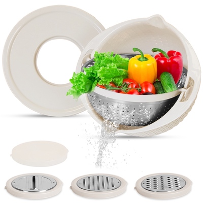 Multifunctional mixing bowl with lid set 3 replaceable graters food strainer and colander fruit vegetable washing basket stainless steel-beige