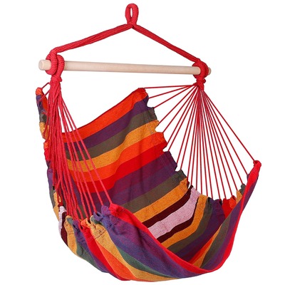 Hammock hanging chair canvas porch patio swing seat portable camping rope seat wooden stick hammock chair w/ 2pillows 265lbs load-bearing-red