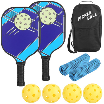 Pickleball set 2 fiberglass paddles 4 outdoor indoor balls portable carry bag 2 cooling towel lightweight ergonomic grip for beginners pros
