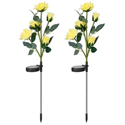 2Pcs Solar Powered Lights Outdoor Rose Flower LED Decorative Lamp Water Resistant Pathway Stake Lights For Garden Patio Yard Walkway-Yellow