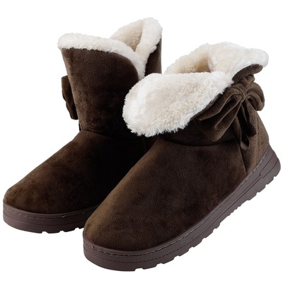 Women Ladies Snow Boots Super Soft Fabric Mid-Calf Winter Shoes Thickened Plush Warm Lining Shoes w/ Anti-slip Rubber Base Bowknot-Coffee-8